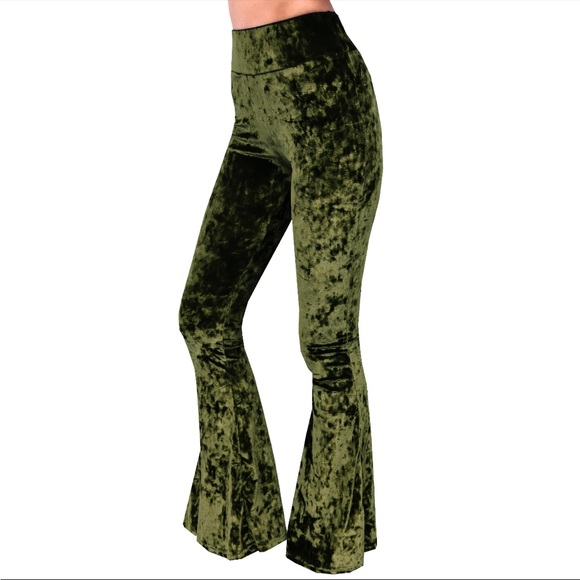 Olive Green Crushed Velvet Bell Bottom Flare Pants - Picture 6 of 12